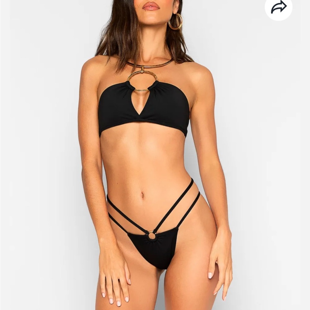 Beach Bunny - Black Strappy Bikini Bottom with Gold Hardware Ring - XS - NWT
